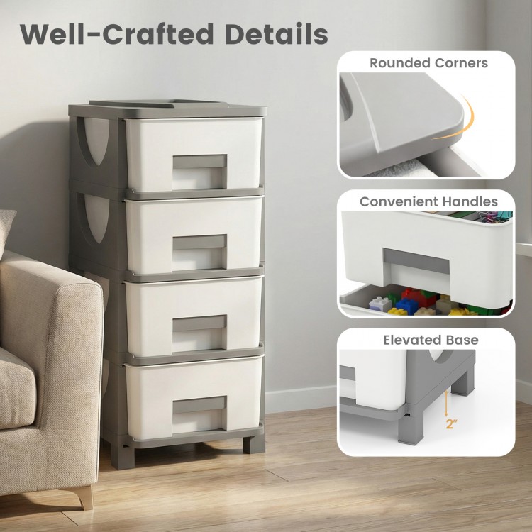 Compact gray plastic storage organizer with four drawers, convenient handles, and elevated base for easy cleaning.