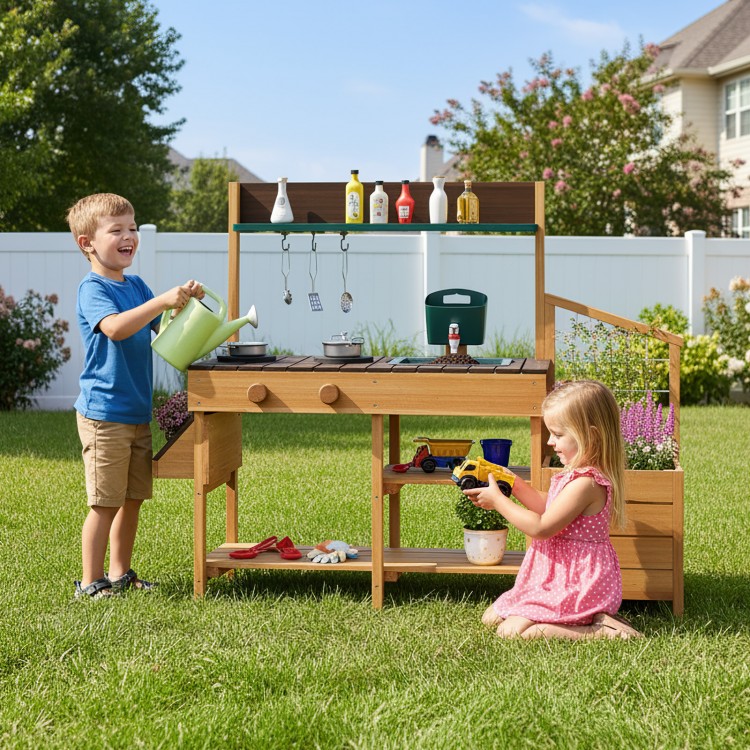 Wooden play kitchen for kids featuring a sink, stoves, and planter boxes, perfect for imaginative outdoor play.