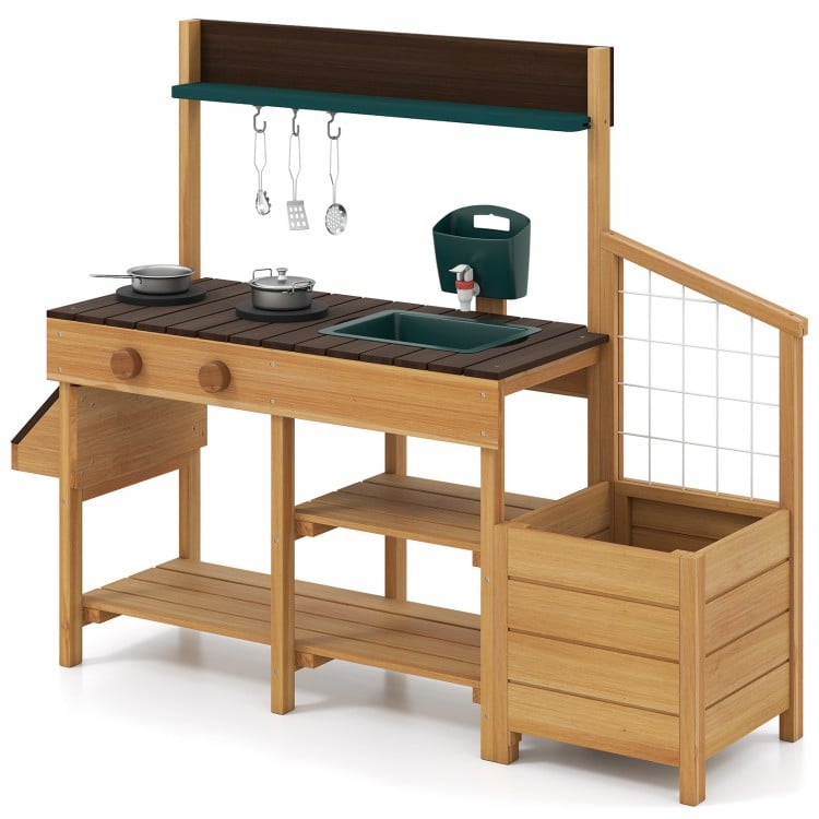 Wooden toy kitchen playset for kids featuring two stoves, a sink, and ample storage for outdoor imaginative play.