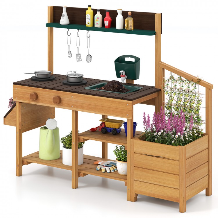 Wooden play kitchen for kids with removable sink, two stoves, and planter boxes, perfect for imaginative outdoor play.