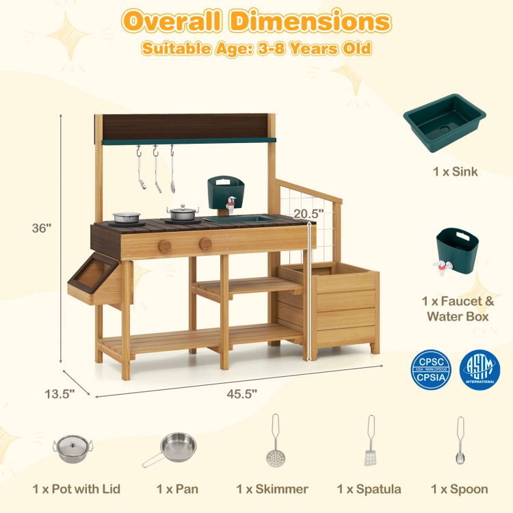Wooden play kitchen for kids with sink, removable faucet, and storage shelves, perfect for imaginative play and outdoor.