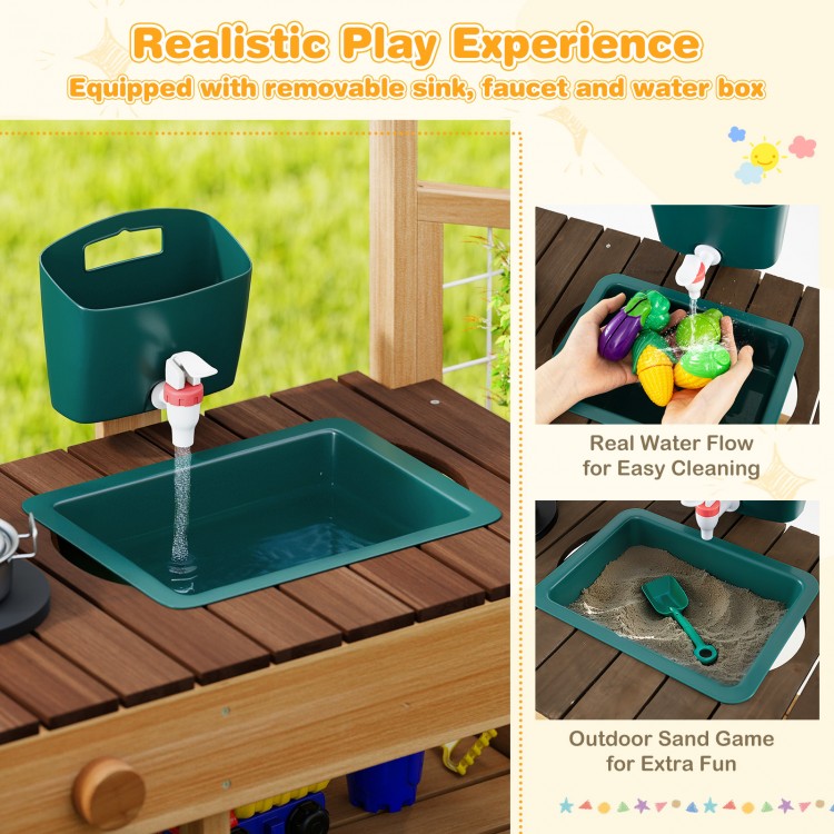 Removable sink and faucet in the wooden play kitchen for kids, ideal for water, sand, and mud play activities.