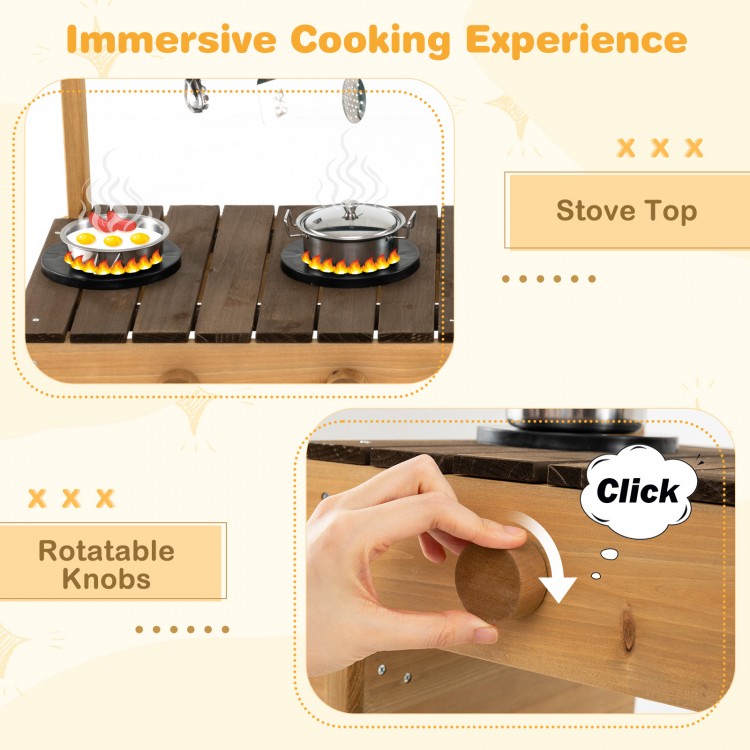 Wooden toy kitchen playset with stove top, rotatable knobs, and removable sink for imaginative play and outdoor fun.