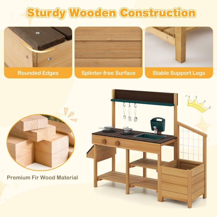 Wooden toy kitchen playset in brown with removable sink, stoves, and ample storage for imaginative play.