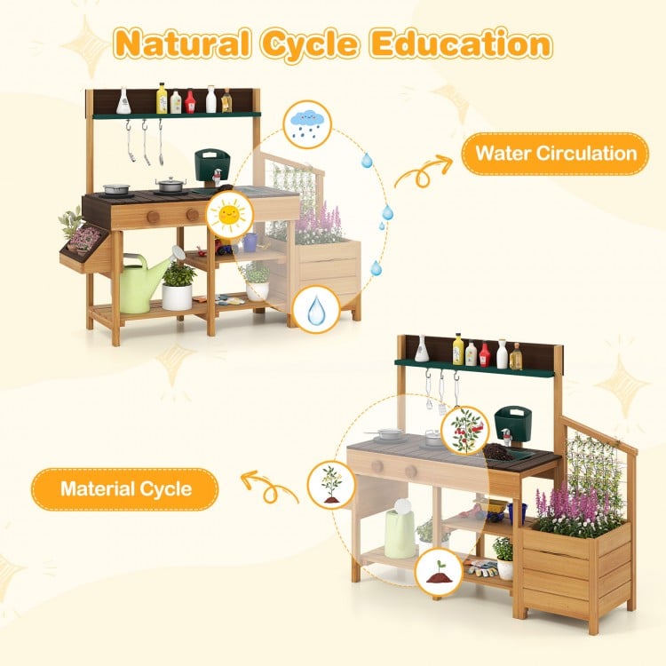 Wooden play kitchen for kids with removable sink, stoves, and planter boxes, perfect for imaginative outdoor play.