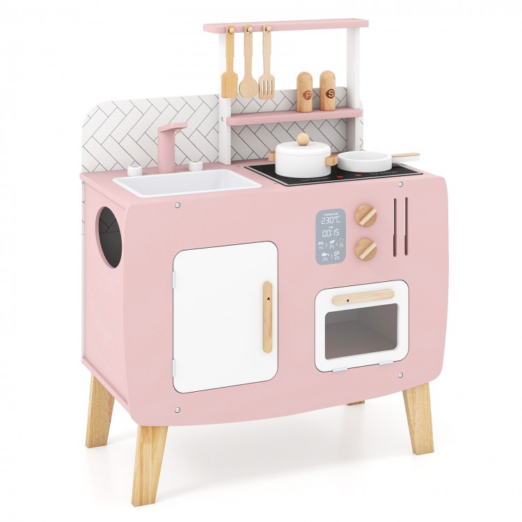 Wooden play kitchen set in pink with stove, sink, and oven, designed for kids' imaginative cooking play and storage.