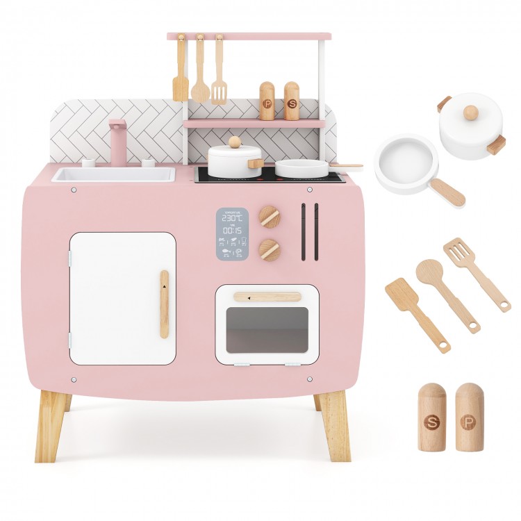 Close-up of pink wooden play kitchen set showing utensils and storage hooks, designed for kids' imaginative cooking.