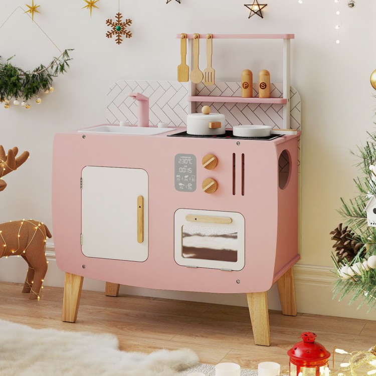 Wooden kids play kitchen set in pink with stove, sink, and oven, promoting imaginative play and organization.