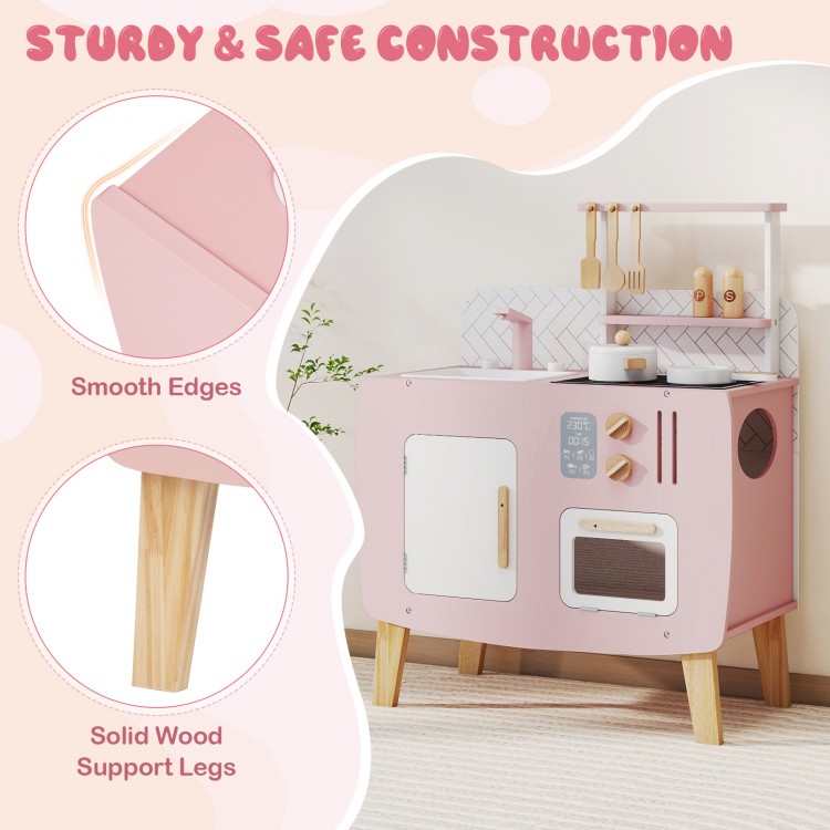 Wooden play kitchen set with stoves, sink, and oven, featuring smooth edges and solid wood support legs for safety.