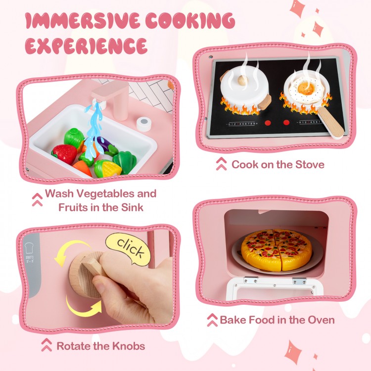 Wooden kitchen playset featuring stove, sink, and oven for immersive cooking fun, promoting imaginative play and social.