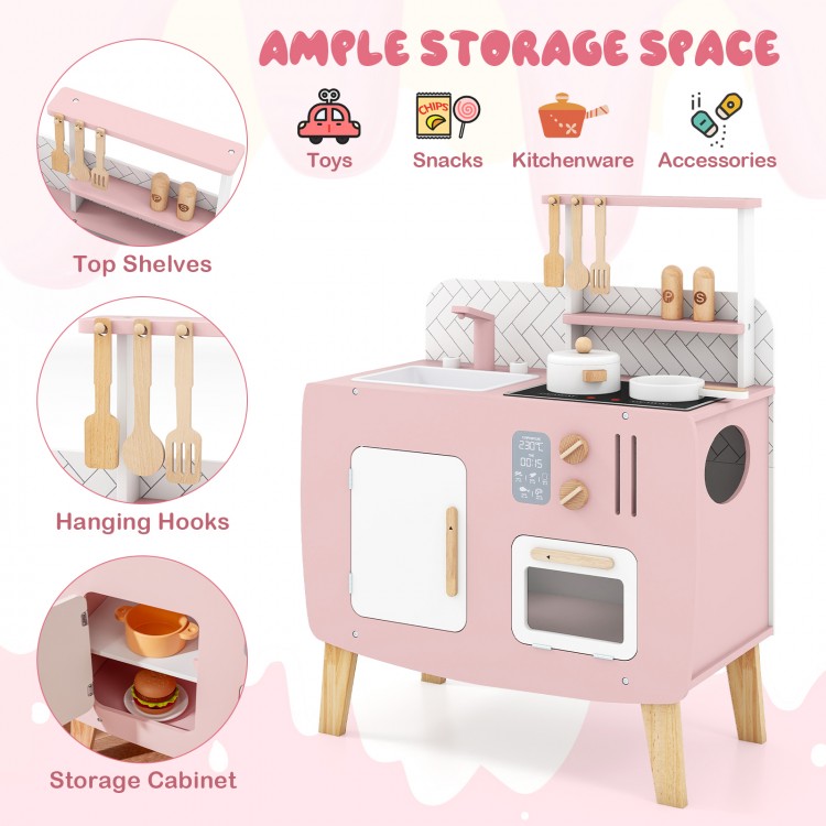 Wooden play kitchen set with stoves, sink, and ample storage for toys and accessories, perfect for imaginative play.