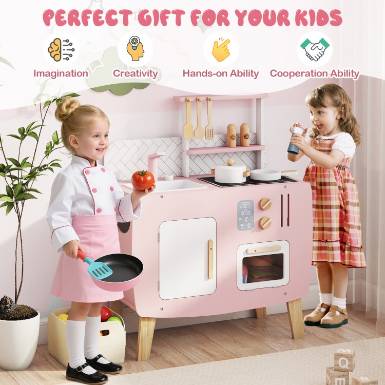Wooden play kitchen set with stoves, sink, and oven for kids, promoting creativity and hands-on play in a safe design.