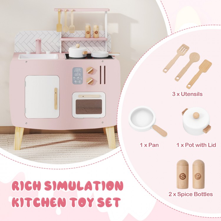 Wooden kitchen playset with stove, sink, and oven, featuring storage and utensils for imaginative play and safety.