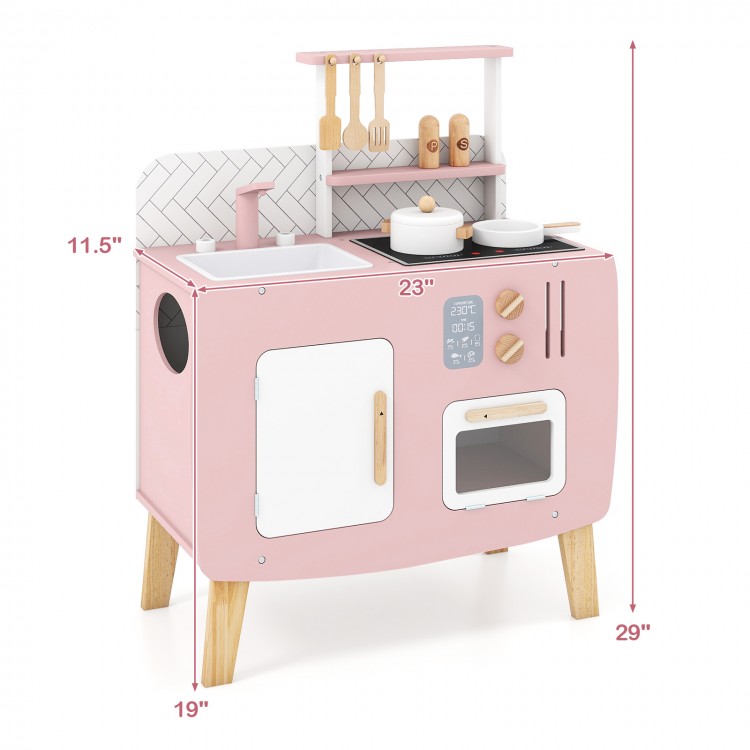 Wooden play kitchen for kids featuring stoves, sink, and oven, designed for imaginative play and safe use.