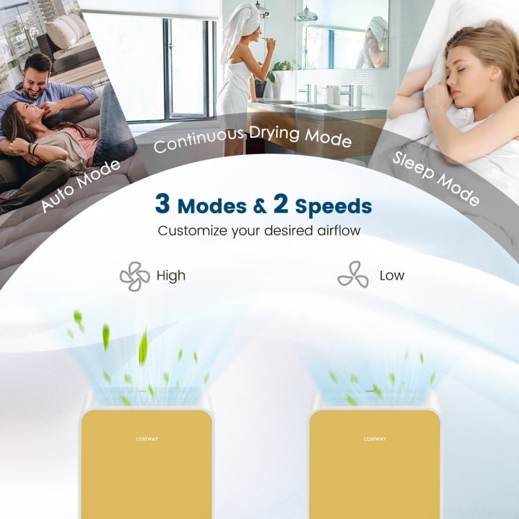 Portable yellow dehumidifier with LED display, 3 modes, and 2 fan speeds for rooms up to 2500 sq. ft.