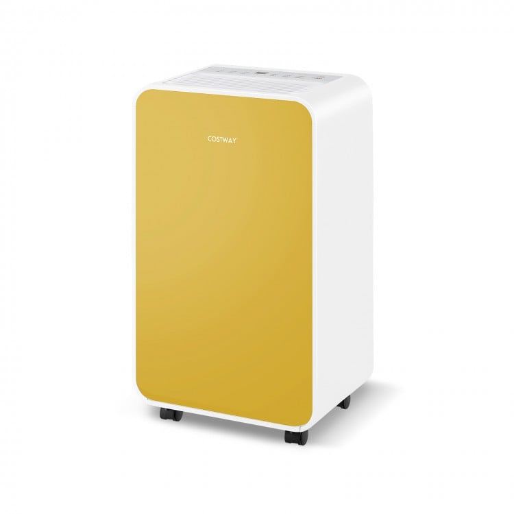 Portable yellow dehumidifier with universal wheels and handle for easy mobility, designed for rooms up to 2500 sq. ft.