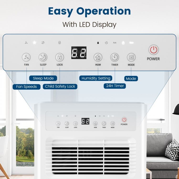 Control panel of the 32 Pints/Day Portable Quiet Dehumidifier with LED display and adjustable fan speeds for easy.