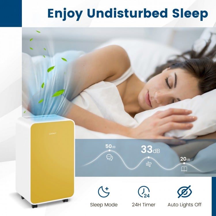 Portable yellow dehumidifier removes up to 25 pints of moisture daily, featuring sleep mode and 24H timer for comfort.