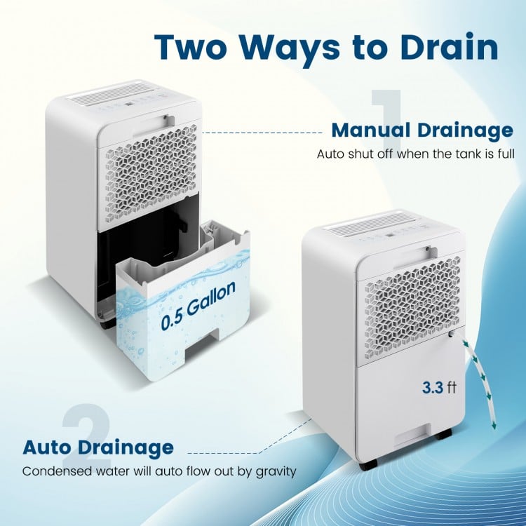 Portable dehumidifier with manual and auto drainage options, 32 pints/day capacity, ideal for rooms up to 2500 sq. ft.