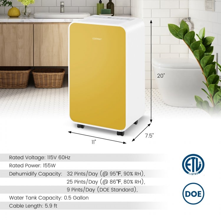 Portable yellow dehumidifier with LED display, 32 pints/day capacity, ideal for rooms up to 2500 sq. ft.