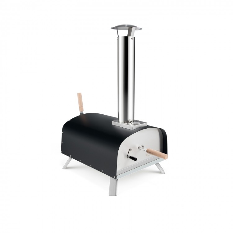 Portable multi-fuel pizza oven with detachable chimney, wood handle, and pizza stone, ideal for outdoor cooking and.