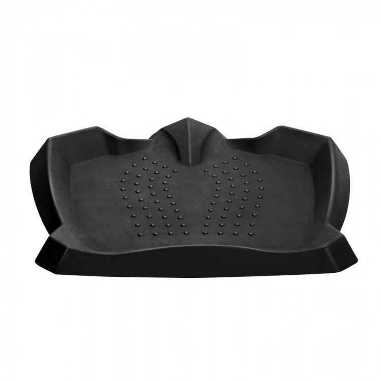 Portable anti-fatigue standing mat in black with massage points and diverse terrain for ergonomic support and comfort.