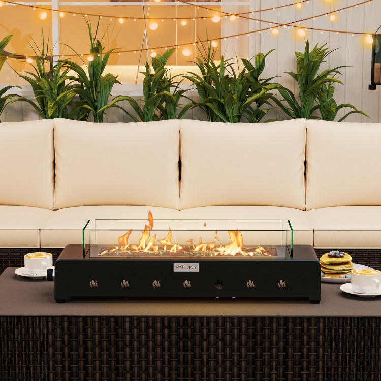 Portable mini fireplace with wind guard and stainless steel burner, providing 40,000 BTU heat for outdoor gatherings.