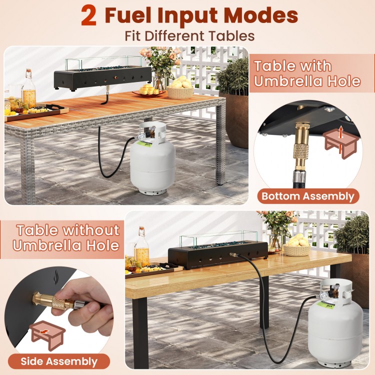 Portable mini fireplace with stainless steel burner, suitable for tables with or without umbrella hole, featuring wind.