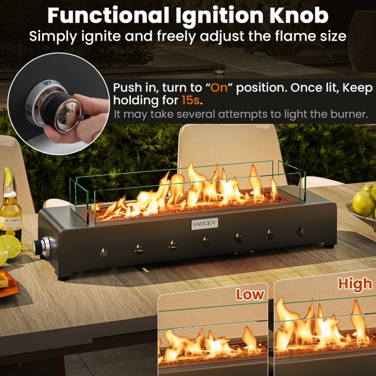 Portable mini fireplace with stainless steel burner, adjustable flame size, and wind guard for outdoor table use.