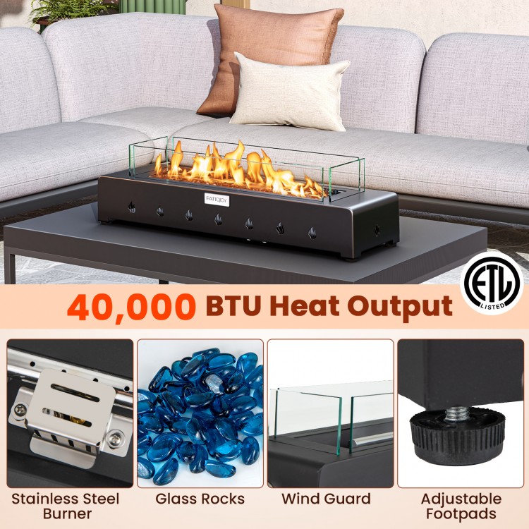 Portable mini fireplace with stainless steel burner, wind guard, and glass rocks, providing 40,000 BTU heat output for.