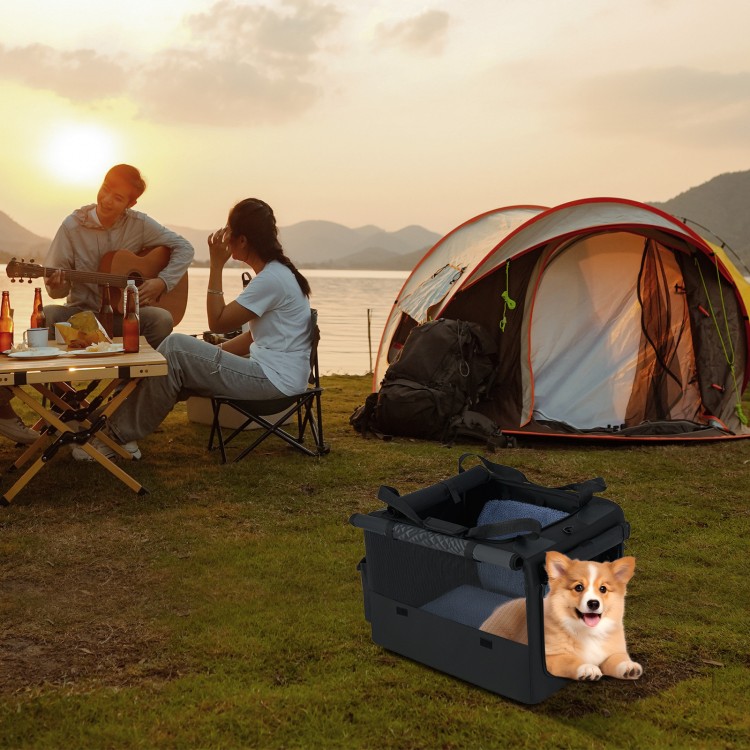 Portable foldable pet carrying bag with mesh windows and comfy cushion, perfect for outdoor travel with pets.