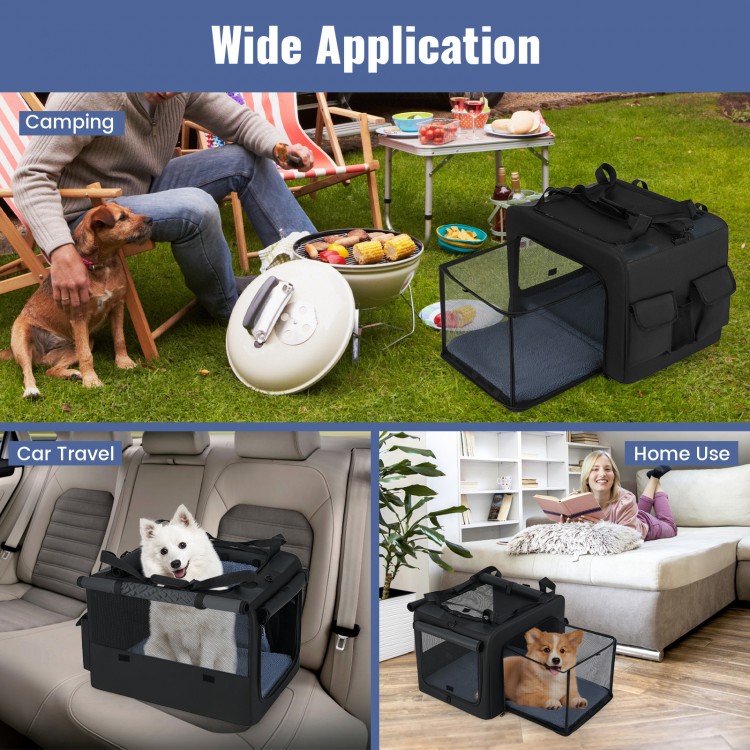 Portable foldable pet carrying bag with mesh windows, comfy cushion, and side pockets for travel and home use.
