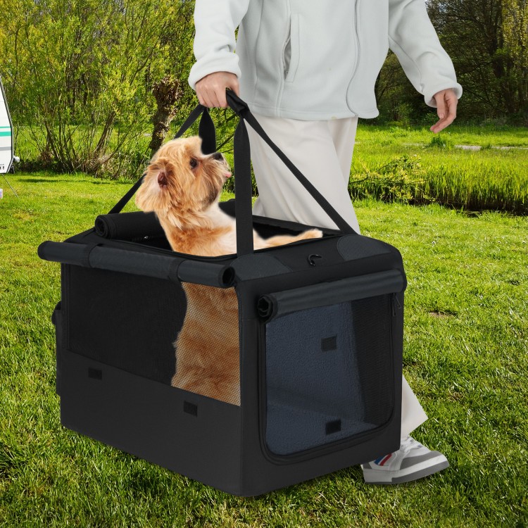 Portable foldable pet carrying bag in black with mesh windows, comfy cushion, and dual openings for easy access.