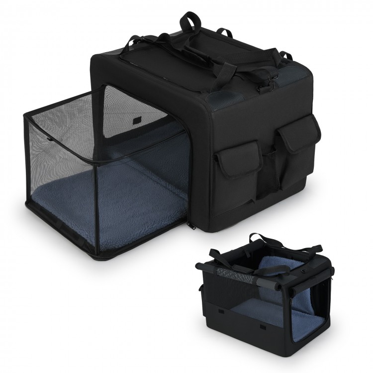 Portable foldable pet carrying bag in black with mesh openings, comfy cushion, and side pockets for travel convenience.