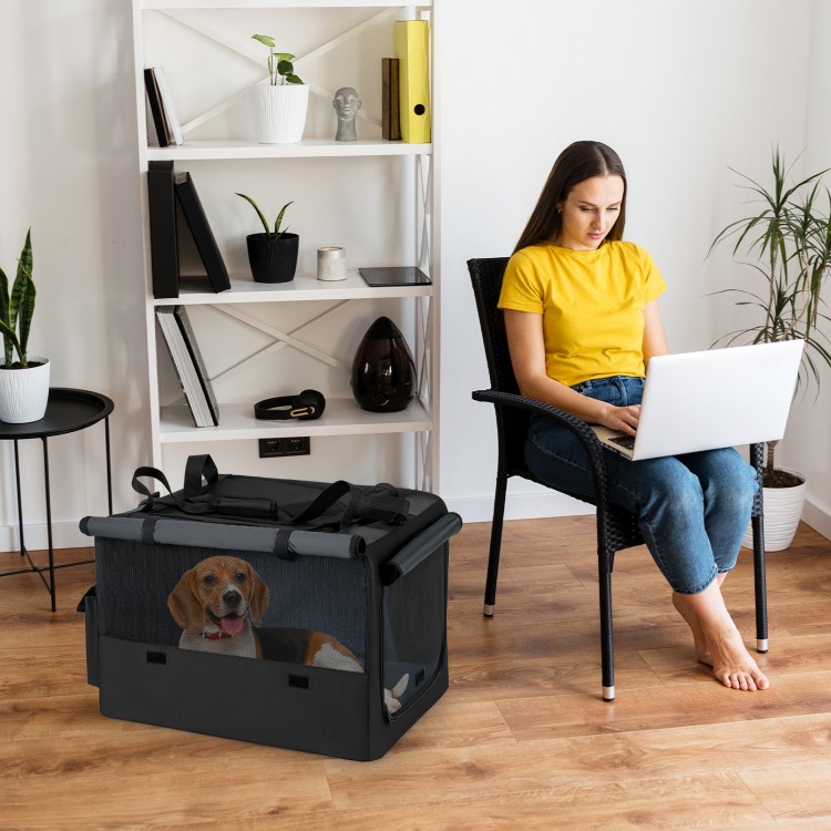 Portable foldable pet carrying bag with mesh windows and comfy cushion, ideal for travel and indoor use.