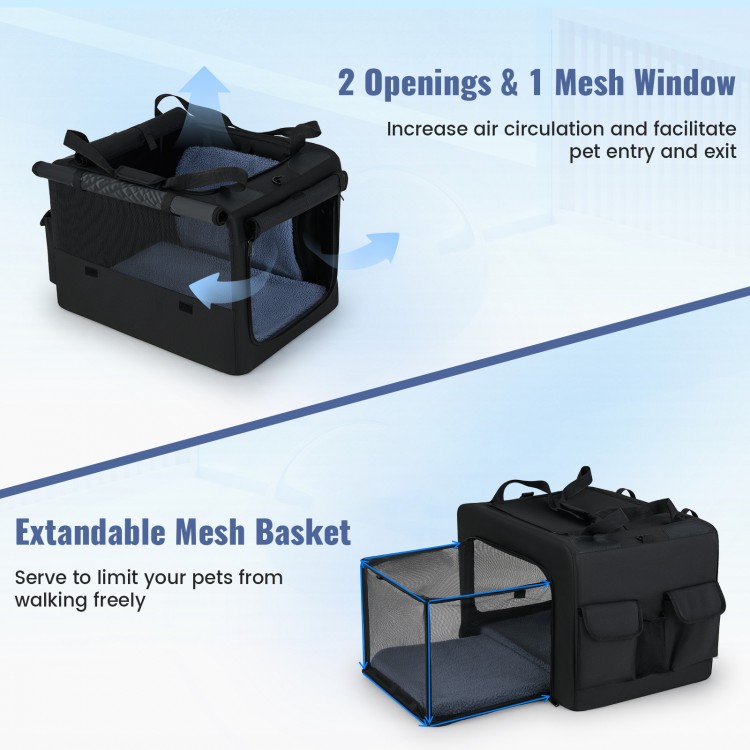 Portable foldable pet carrying bag with mesh window and openings for easy access, ideal for travel and daily use.