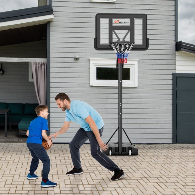 Portable basketball hoop with adjustable height, shatterproof backboard, and a stable base for outdoor play.
