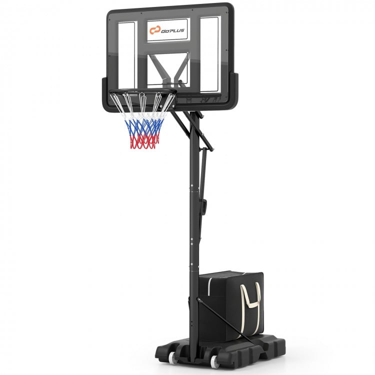 Portable basketball hoop with adjustable height, shatterproof backboard, and stable base for indoor and outdoor use.