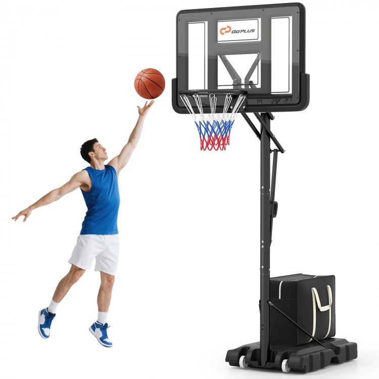 Portable basketball hoop with adjustable height, shatterproof backboard, and stable base for indoor or outdoor play.