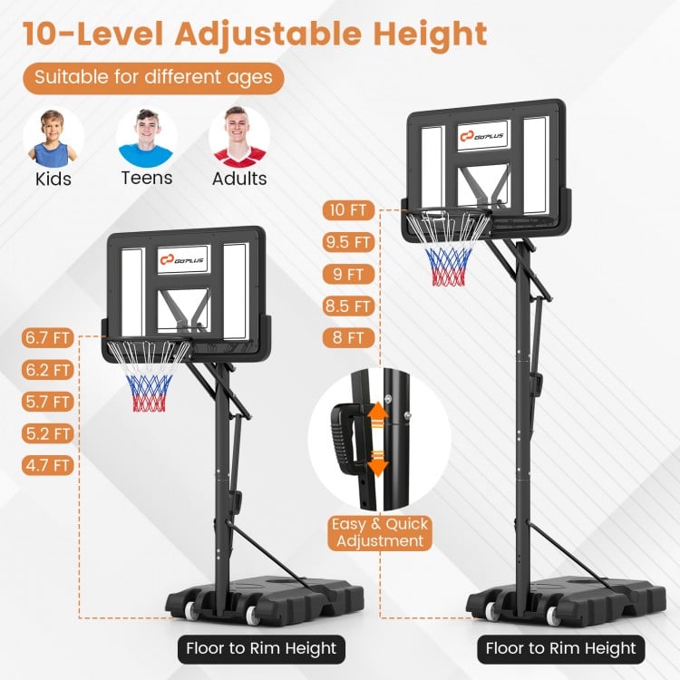 Portable basketball hoop with 10-level height adjustment, shatterproof backboard, and stable triangular structure for.