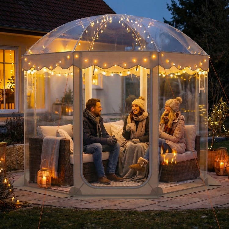 Pop Up Bubble Tent 10x10 FT with panoramic clear PVC, ideal for gatherings, camping, and backyard relaxation.