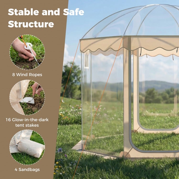 Pop-up bubble tent with 540° panoramic views, 10x10 ft, secured with wind ropes, stakes, and sandbags for outdoor.