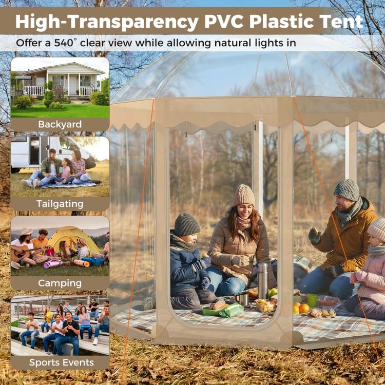 Pop up bubble tent for 8-10 people, 10x10 ft, with 540° panoramic clear PVC, ideal for camping and backyard gatherings.