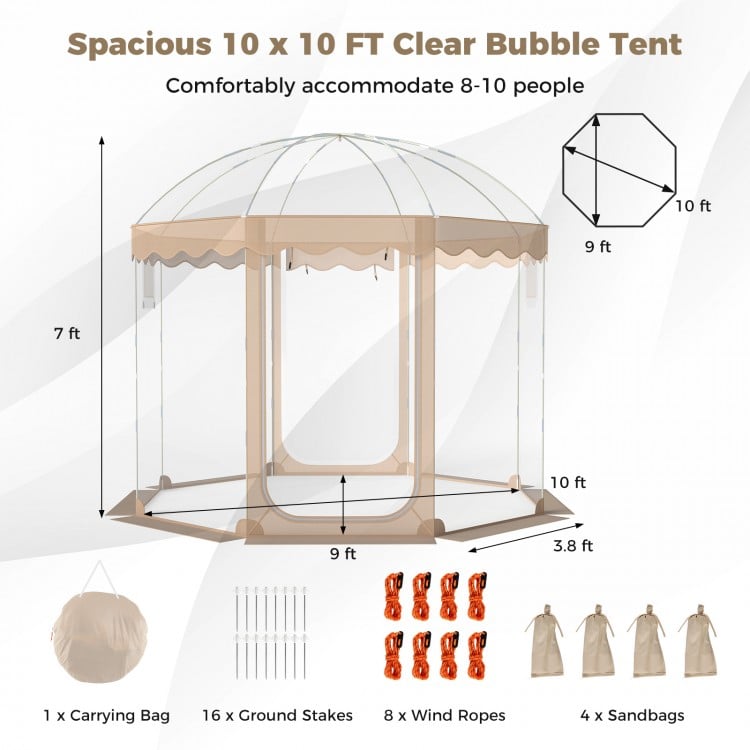 Spacious 10x10 FT clear bubble tent for 8-10 people, featuring panoramic views and weatherproof design for outdoor.