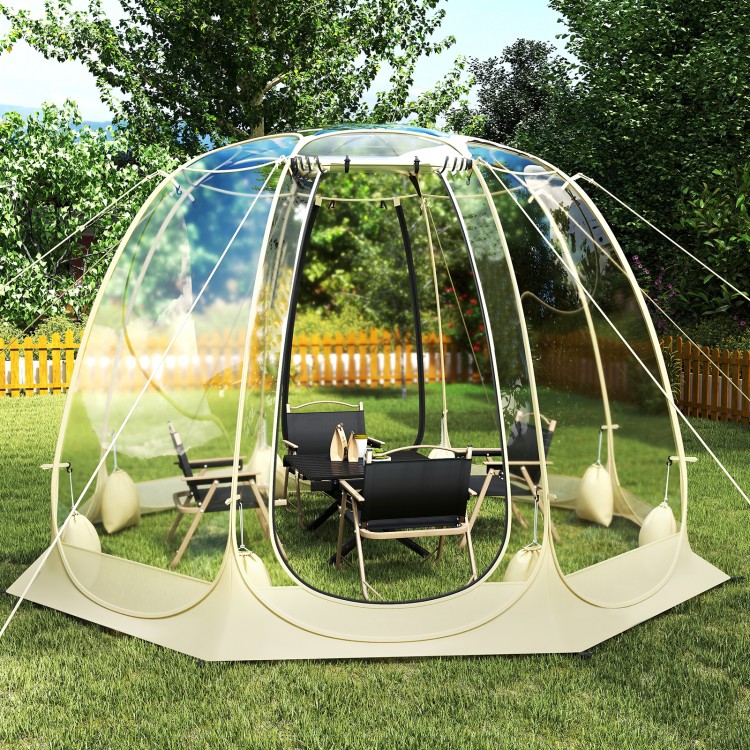 Pop Up Bubble Tent with transparent PVC walls, 8.5 x 8.5 FT, spacious for 5-6 people, ideal for outdoor gatherings.