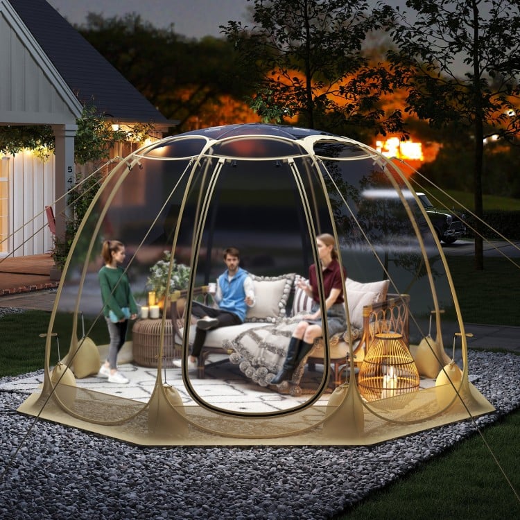 Pop Up Bubble Tent with transparent PVC, 8.5 x 8.5 FT, spacious for 5-6 people, ideal for outdoor gatherings.