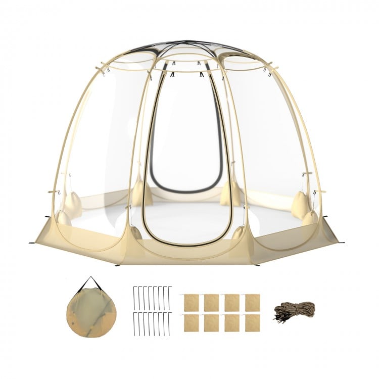 Pop Up Bubble Tent 630° in beige, 8.5 x 8.5 ft, features transparent PVC for panoramic views, ideal for 5-6 people.