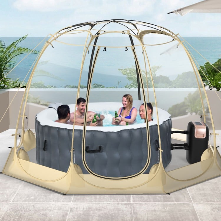 Beige Pop Up Bubble Tent with transparent PVC, featuring dual-sided zippers and side windows for ventilation, perfect.