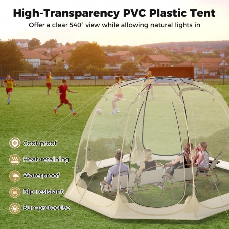 Pop Up Bubble Tent in beige, 8.5 x 8.5 FT, featuring transparent PVC for panoramic views, ideal for 5-6 people.