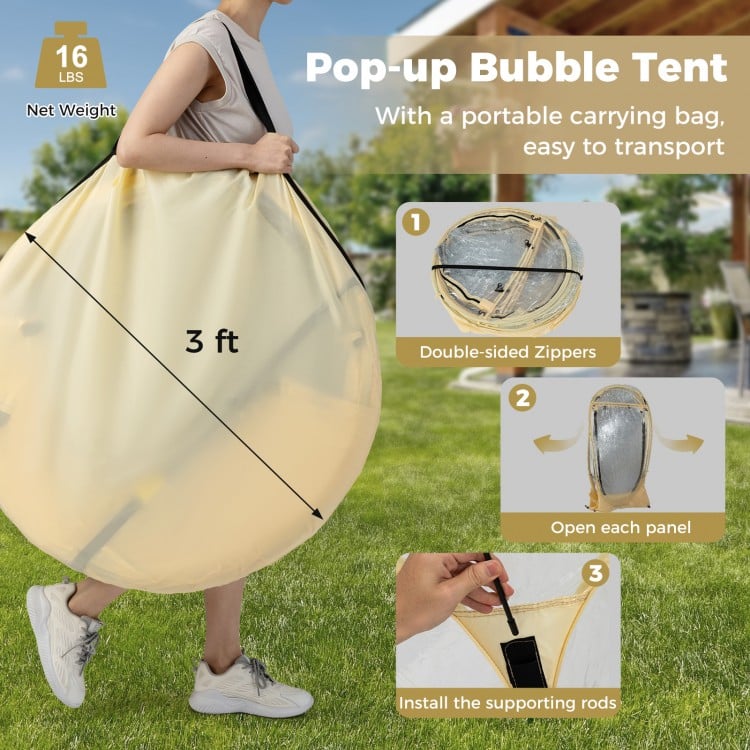 Pop-up Bubble Tent with transparent PVC, 8.5 x 8.5 FT, easy setup for 5-6 people, ideal for outdoor gatherings.
